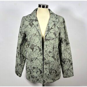 Dialogue Sage Floral Tapestry Linen Open Front Blazer Jacket Lined - Size 12